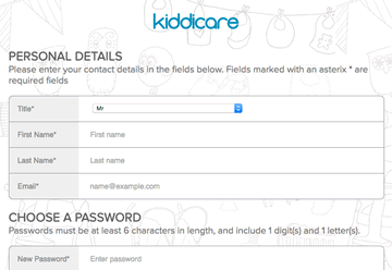 Kiddicare mobile registeration screen